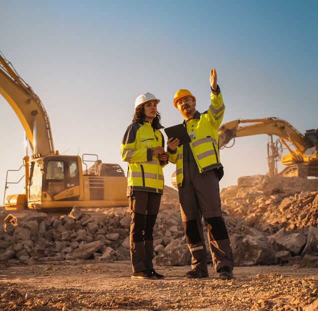 Baustelle mit Bagger und Bauarbeitern – Arbeitssicherheit und Unfallverhütung für Bauunternehmen in Chemnitz