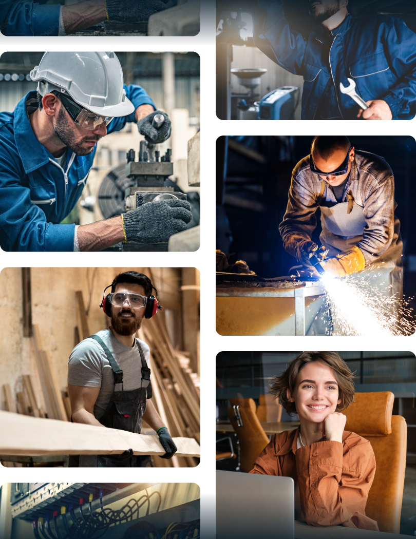 Mehrere Personen bei handwerklicher und technischer Arbeit: ein Mann an einer Fräsmaschine, ein Monteur mit Schraubenschlüssel, ein Schweißer mit Schutzbrille und ein Schreiner mit Gehörschutz.